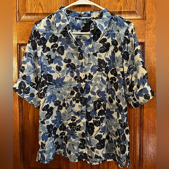 Chaps Blue Floral Sheer Button Down Blouse Large - Picture 1 of 5